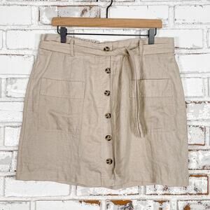 Jones & Co Tan Linen Belted Button Down Skirt with Shorts Mini Skirt Skort L